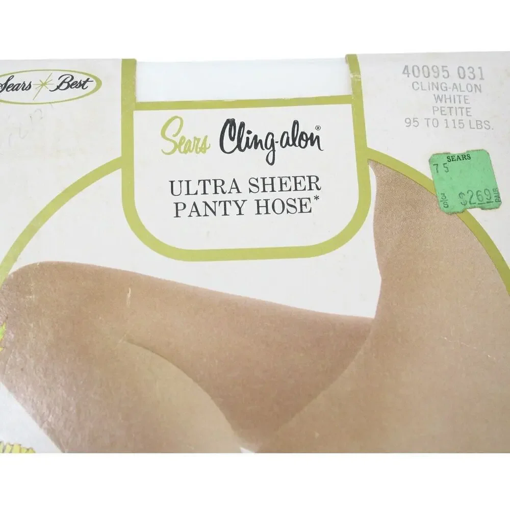 Vintage White Nylon Pantyhose Stockings Sears Cling-Alon Reinforced Heel Petite